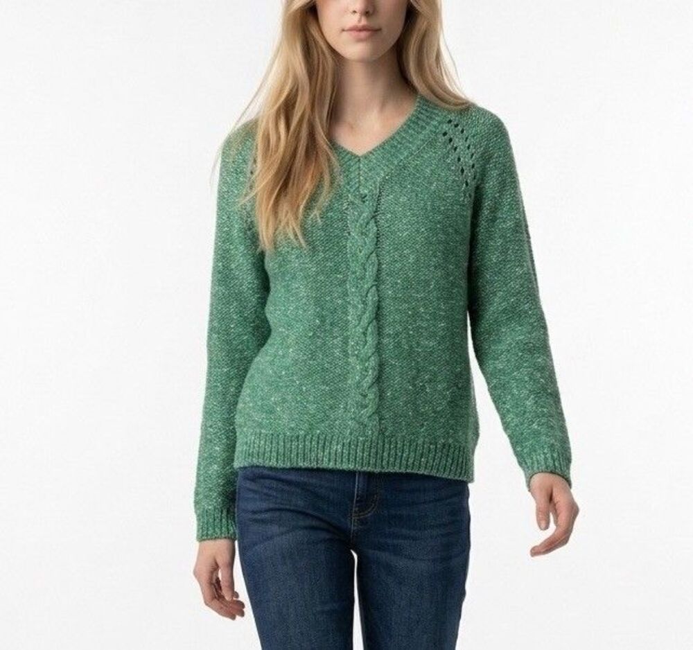St Johns Bay Women’s Green V Neck Knit Sweater Size PM Long Sleeves Pullover